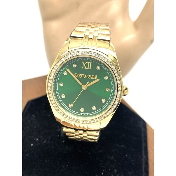 Roberto Cavalli Women's Watch 5L036 Green Dial Quartz Gold Stainless Steel 31mm - Picture 1 of 13